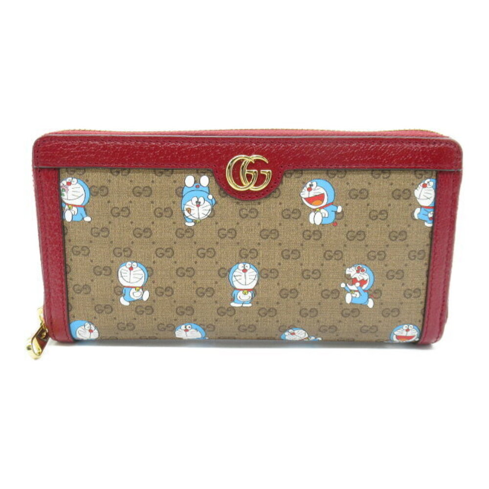 Gucci GG Supreme Round Long Wallet Leather Canvas Beige Wine Red